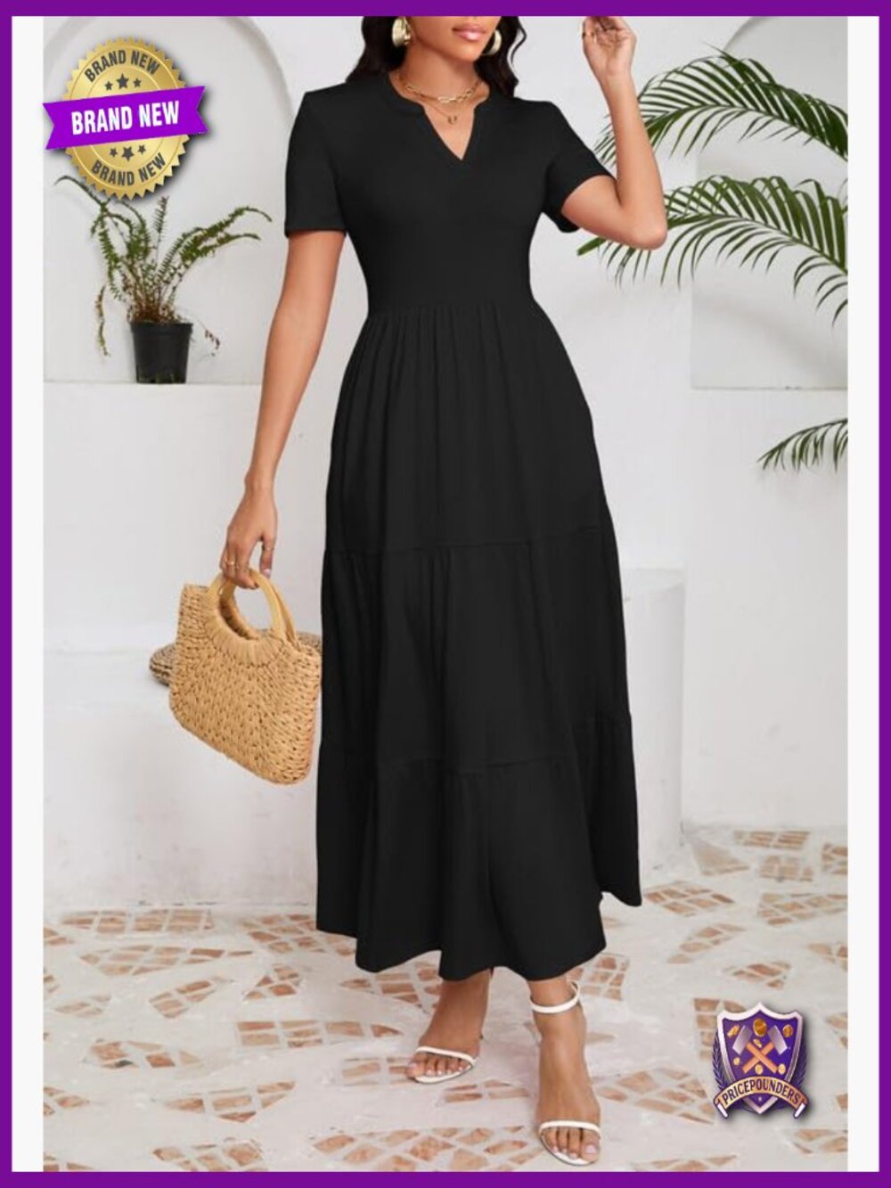 Women's Casual Loose Maxi Dress with Pockets V Neck Short Sleeve Tiered Long - Picture 6 of 7